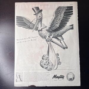 Vintage 1940s Maytag Washer Ad WWII Stork Twins Country Gentlewoman